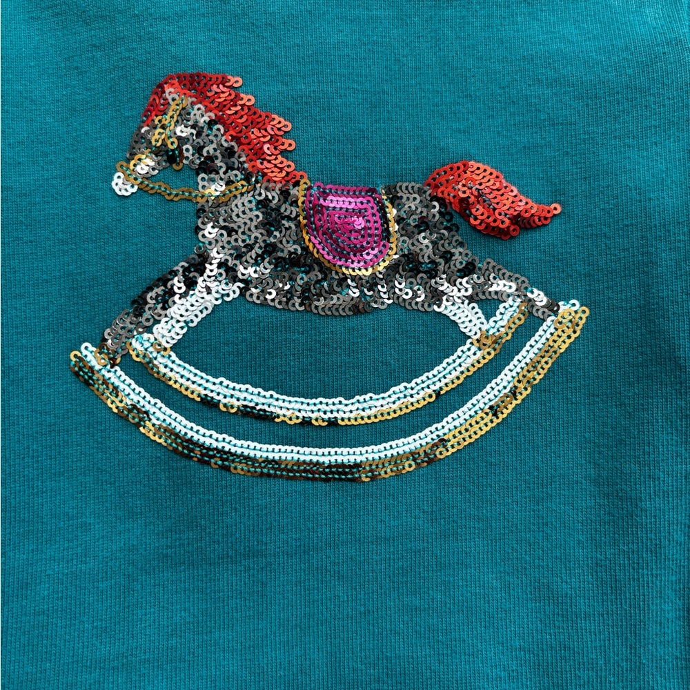 Mini Boden Teal and Pink Sequined Rocking Horse Long Sleeved Dress Sz 3-4Y - Picture 3 of 9